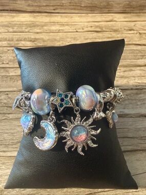 Silver Celestial Charm Bracelet Sun, Moon, Star Iridescent Blue Pink Beads